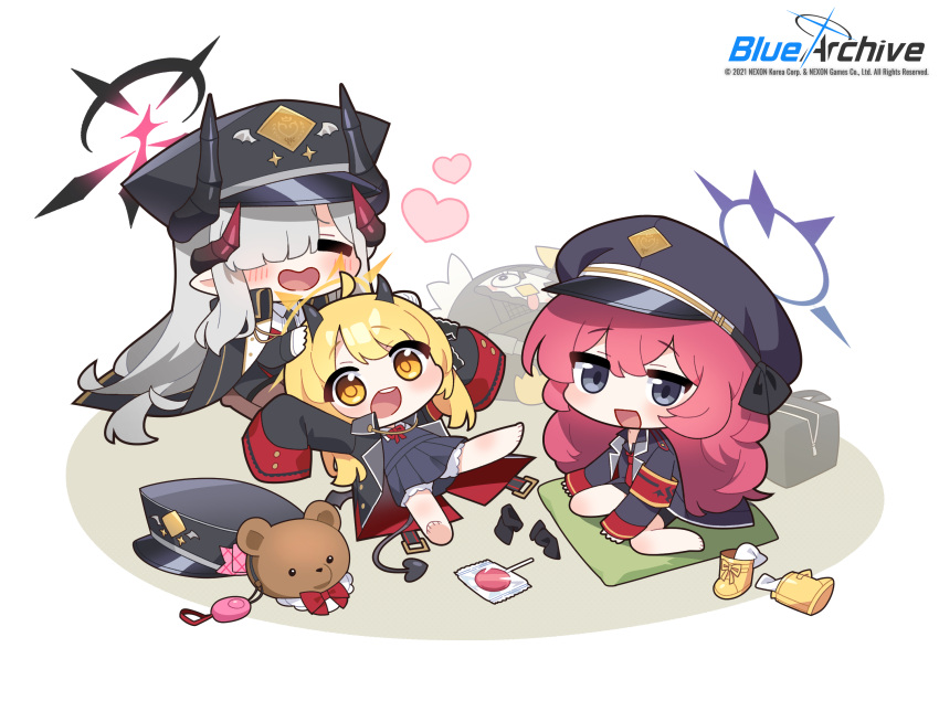 3girls black_headwear black_horns black_shirt blonde_hair blue_archive blush boots candy closed_eyes coat coat_on_shoulders crime_prevention_buzzer demon_girl demon_horns demon_tail demon_wings donmin_h food grey_hair hair_over_one_eye halo hand_on_another's_head hat heart highres horns ibuki_(blue_archive) iroha_(blue_archive) jacket lollipop long_hair long_sleeves looking_at_viewer low_wings lying makoto_(blue_archive) military_hat military_jacket military_uniform multiple_girls multiple_horns necktie official_art on_back open_mouth peaked_cap peroro_(blue_archive) red_necktie redhead rubber_boots shirt simple_background sitting sleeves_past_fingers sleeves_past_wrists smile stuffed_animal stuffed_toy tail teddy_bear uniform unworn_boots unworn_hat unworn_headwear very_long_hair wavy_hair white_background wings yellow_eyes yellow_halo