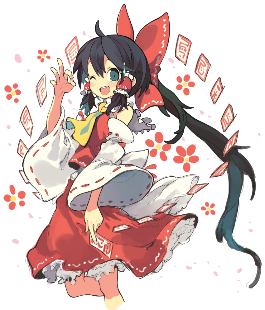 1girl absurdres ascot bare_shoulders black_eyes black_hair bow cropped_legs detached_sleeves feet_out_of_frame frilled_skirt frills hair_bow hair_tubes hakurei_reimu highres japanese_clothes long_hair looking_at_viewer morino_hon nontraditional_miko ofuda one_eye_closed open_mouth red_bow red_skirt ribbon-trimmed_sleeves ribbon_trim sidelocks simple_background skirt smile solo touhou white_background white_sleeves wide_sleeves yellow_ascot
