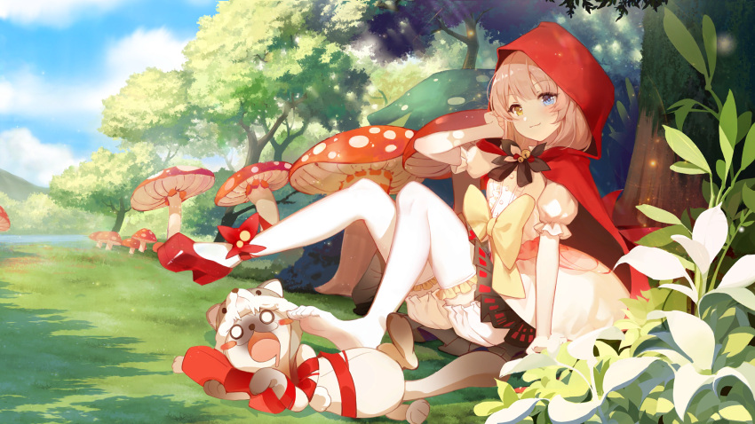 1girl :3 adjusting_hair animal_costume arm_support black_bow black_bowtie blue_eyes blue_sky bow bowtie brown_hair capelet cat cosplay day dress dress_bow drooling eksistere_kyrenia flower forest frilled_thighhighs frills full_body giant_mushroom girl_cafe_gun grass hand_up heterochromia highres holding holding_shoes hood hooded_capelet little_red_riding_hood little_red_riding_hood_(grimm) little_red_riding_hood_(grimm)_(cosplay) looking_at_viewer mouth_drool mushroom nature o_o official_art on_ground outdoors platform_footwear puffy_short_sleeves puffy_shorts puffy_sleeves red_capelet red_flower red_hood shoes short_sleeves shorts shorts_under_dress single_shoe sitting sky solo thigh-highs tree unworn_shoes white_dress white_shorts white_thighhighs wolf_costume yellow_bow yellow_eyes