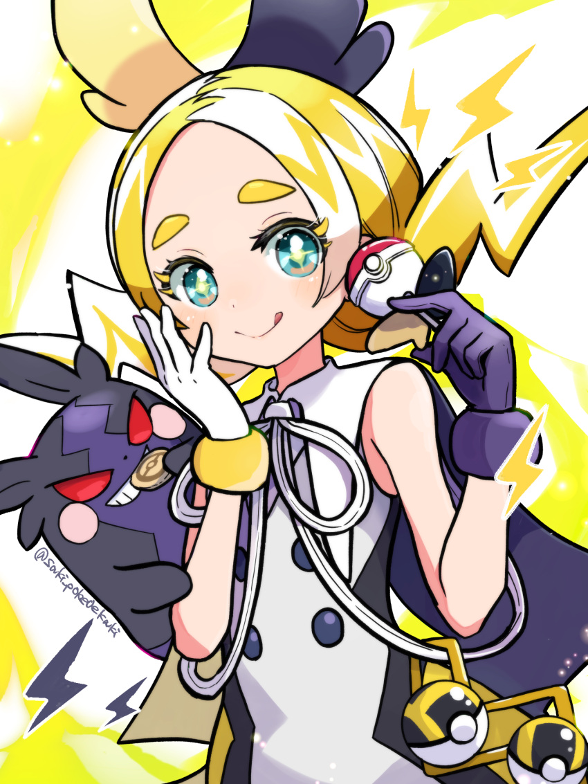 1girl :q bare_arms blonde_hair blush buttons closed_mouth commentary_request gloves green_eyes hands_up highres holding kagamine_rin lightning_bolt_symbol long_hair looking_at_viewer morpeko morpeko_(hangry) poke_ball pokemon pokemon_(creature) project_voltage saki_pokeoekaki sleeveless smile tongue tongue_out twintails ultra_ball vocaloid