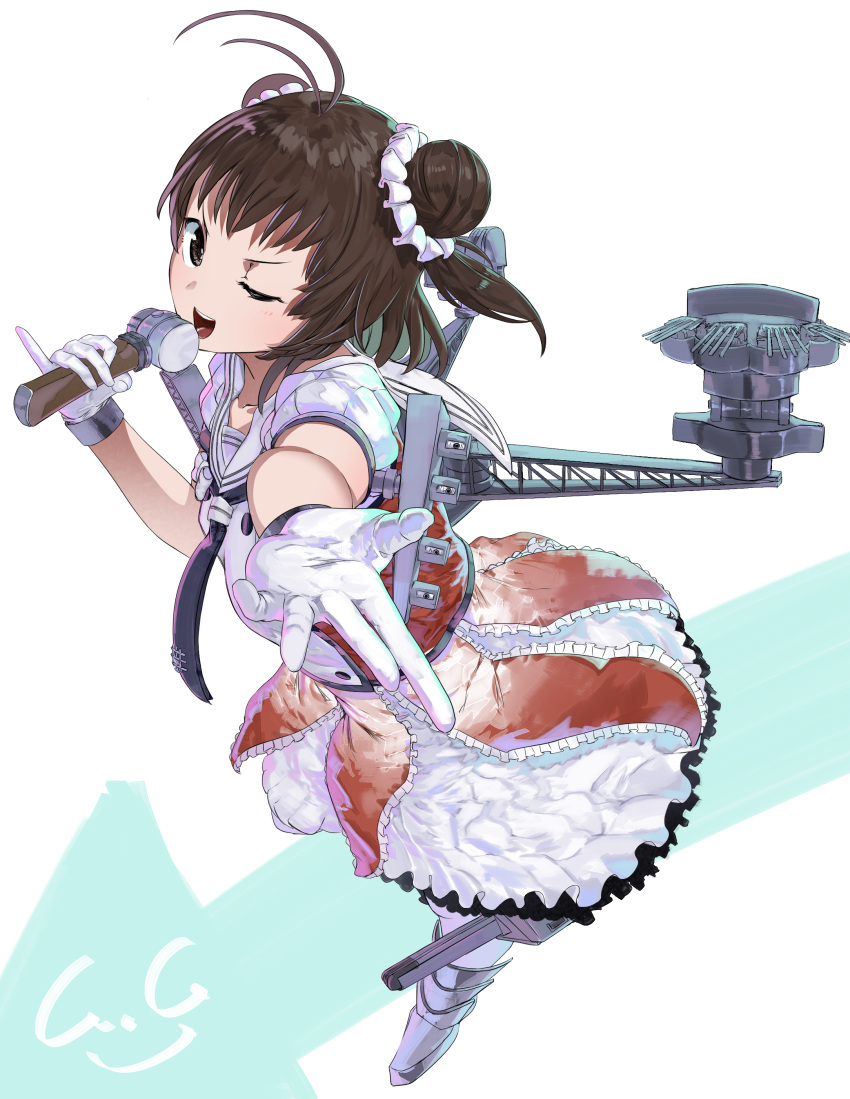 1girl absurdres double_bun full_body gegeron gloves hair_bun highres kantai_collection looking_at_viewer music naka_(kancolle) one_eye_closed singing solo white_gloves