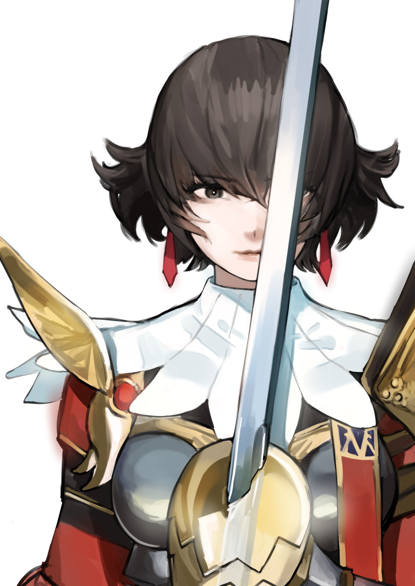 1girl absurdres armor breastplate brown_eyes brown_hair closed_mouth cropped_arms cropped_legs earrings fiorayne_(monster_hunter) gauntlets highres holding holding_weapon jewelry miao_jiangyou monster_hunter_(series) monster_hunter_rise one_eye_covered saber_(weapon) short_hair smile solo sword weapon white_background