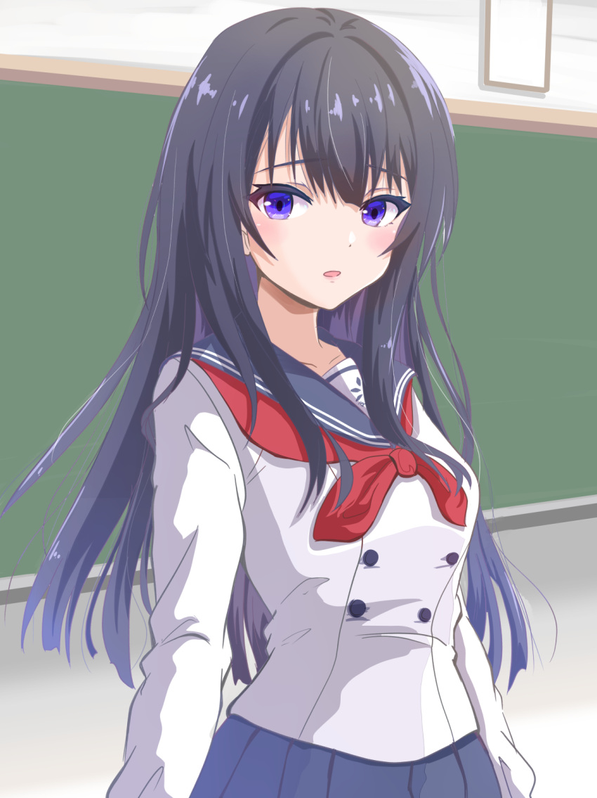 1girl arms_at_sides black_hair blue_sailor_collar blue_skirt blush breasts buttons chalkboard classroom collarbone colored_inner_hair cowboy_shot dot_nose double-breasted hair_between_eyes highres hoshimi_private_high_school_uniform idoly_pride indoors long_bangs long_hair looking_at_viewer medium_breasts multicolored_hair nagase_kotono neckerchief omoimochi open_mouth pleated_skirt purple_hair red_neckerchief sailor_collar school_uniform serafuku shirt sidelocks skirt solo straight_hair violet_eyes white_shirt