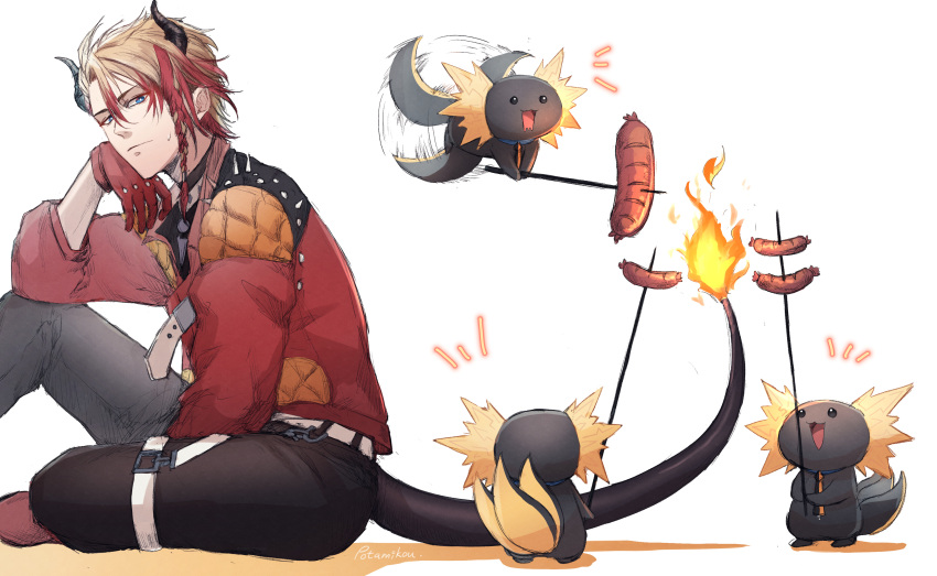 1boy absurdres artist_name axel_syrios axelotl_(axel_syrios) axolotl black_pants blonde_hair blue_eyes demon_horns english_commentary fiery_tail flying food gloves helicopter_tail highres holostars holostars_english horns jacket knee_up looking_at_animal looking_at_food male_focus multicolored_hair open_mouth pants potamikouu red_footwear red_gloves red_jacket redhead roasting sausage shadow short_hair signature sitting sweatdrop tail two-tone_hair virtual_youtuber