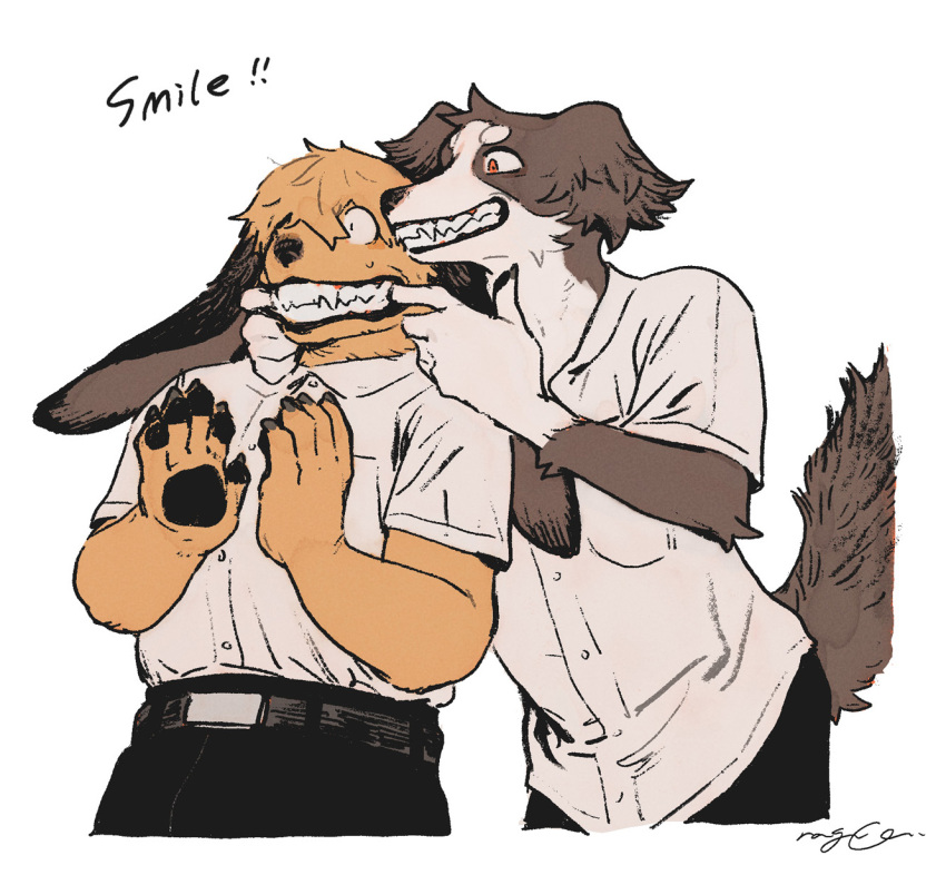 2boys belt black_pants border_collie brown_fur claws dog_boy fangs finger_in_another's_mouth furry furry_male furry_with_furry highres joseph_(smell) multiple_boys nagabe noi_(smell) one_eye_closed pants pawpads school shirt signature smell_(nagabe) smile untucked_shirt white_background white_shirt yellow_fur