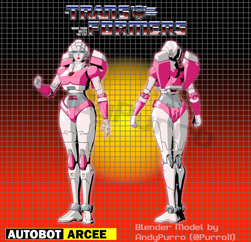 1girl 3d andypurro arcee autobot backpack bag blender_(medium) blue_eyes curvy front_and_back helmet highres humanoid_robot narrow_waist panties pink_panties red_lips robot robot_girl science_fiction solo thick_thighs thighs transformers transformers:_generation_1 underwear