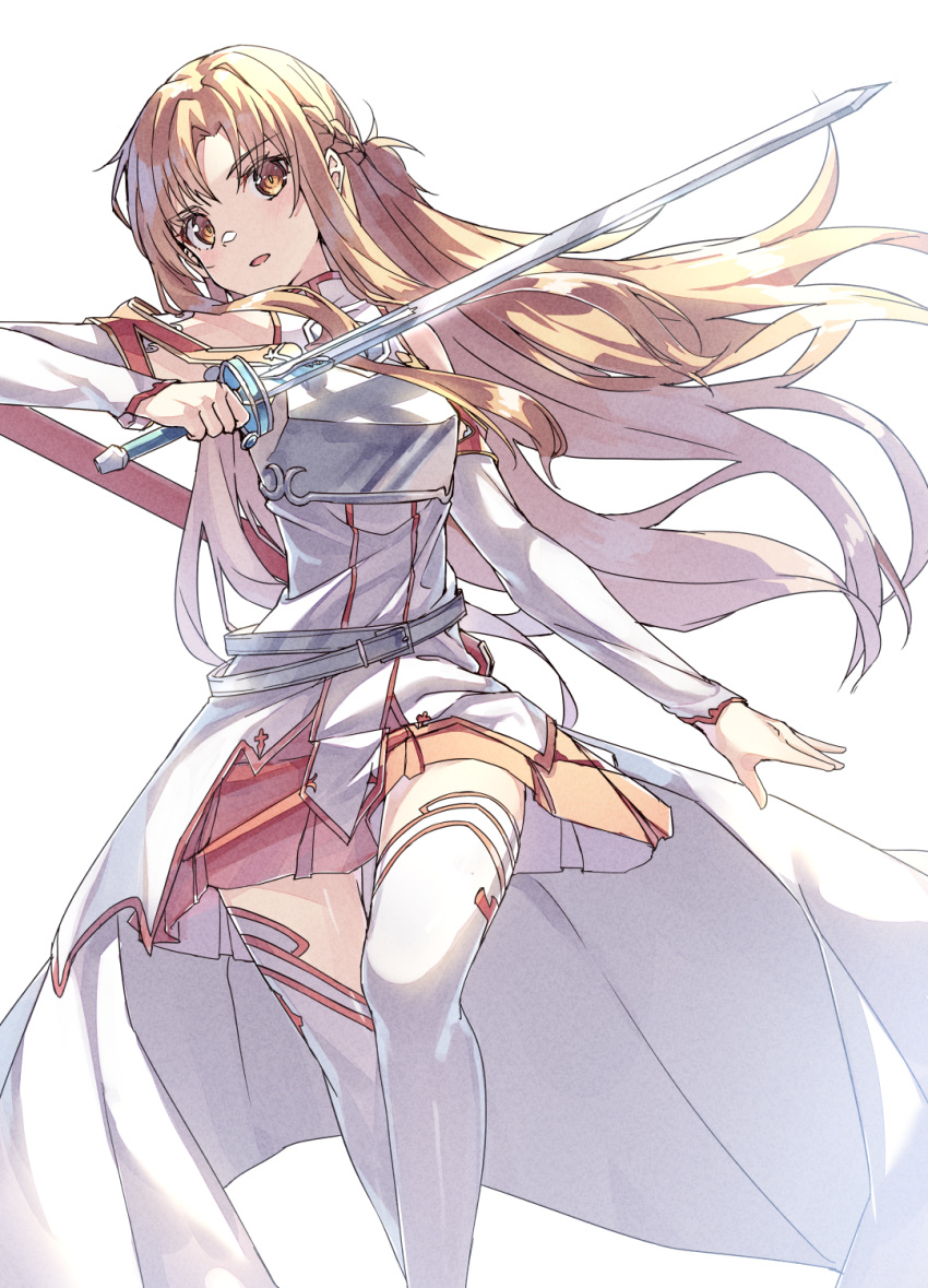 1girl armor asuna_(sao) bare_shoulders breasts brown_eyes brown_hair highres holding holding_sword holding_weapon long_hair looking_at_viewer medium_breasts open_mouth orange_skirt parted_lips pleated_skirt shiro_youduki skirt solo sword sword_art_online thigh-highs weapon white_background white_thighhighs zettai_ryouiki