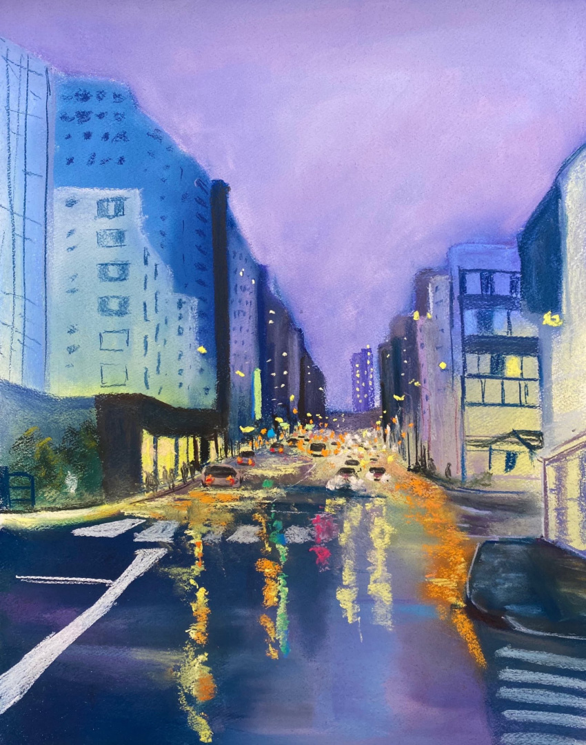 building car city commentary_request highres motor_vehicle night night_sky no_humans painting_(medium) pastel_colors reflective_floor road sakaue111 scenery sky traditional_media watercolor_(medium)
