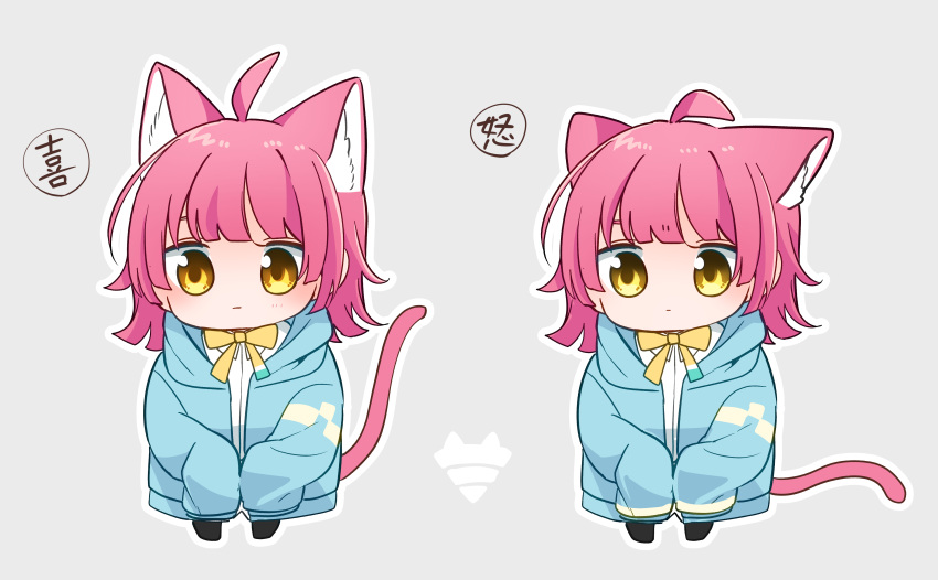1girl absurdres ahoge animal_ear_fluff animal_ears blue_jacket blunt_bangs cat_ears cat_girl cat_tail chibi closed_mouth collared_shirt commentary_request dress_shirt ears_down ears_up expressionless eyebrows_hidden_by_hair grey_background highres jacket kashikaze kemonomimi_mode long_sleeves looking_at_viewer love_live! love_live!_nijigasaki_high_school_idol_club medium_hair multiple_views neck_ribbon open_clothes open_jacket outline pink_hair ribbon school_uniform shirt simple_background sleeves_past_fingers sleeves_past_wrists standing tail tennouji_rina translated white_outline yellow_eyes yellow_ribbon