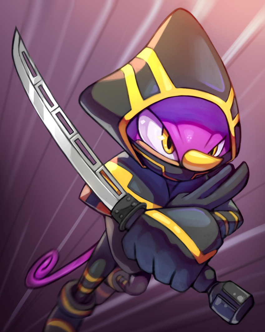 1boy absurdres alternate_costume black_gloves black_pants black_shirt boots cosplay crossover espio_the_chameleon gloves highres holding holding_sword holding_weapon horns kuji-in marvel mask mouth_mask ninja_mask pants ronin_(marvel) ronin_(marvel)_(cosplay) ry-spirit shirt single_horn solo sonic_(series) sword tail weapon yellow_eyes