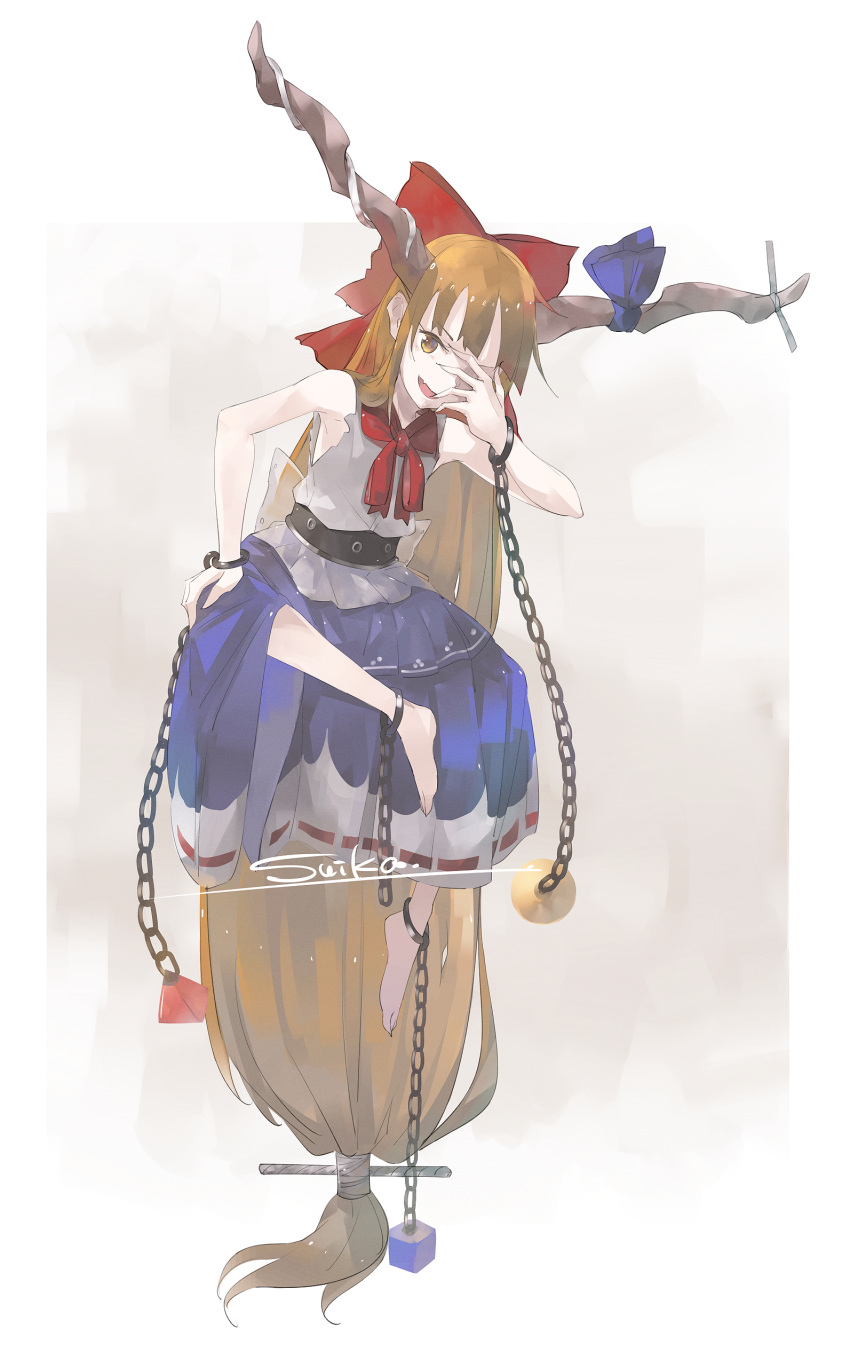 1girl absurdres blue_ribbon blue_skirt bow chain cuffs full_body hair_bow highres horn_ornament horn_ribbon horns ibuki_suika long_hair low-tied_long_hair o_(crazyoton46) oni_horns open_mouth orange_eyes orange_hair print_skirt red_bow ribbon shirt skirt smile solo torn_clothes torn_sleeves touhou very_long_hair white_shirt