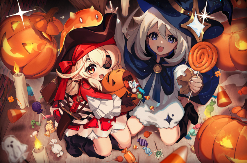 2girls :d alternate_costume black_headwear black_socks blonde_hair blue_eyes blue_headwear candle candy child commentary english_commentary eyepatch food genshin_impact halloween halloween_bucket hat highres holding holding_candy holding_food jack-o'-lantern klee_(genshin_impact) kneeling long_hair looking_at_viewer lucidsky multiple_girls open_mouth paimon_(genshin_impact) red_eyes smile socks violet_eyes witch_hat
