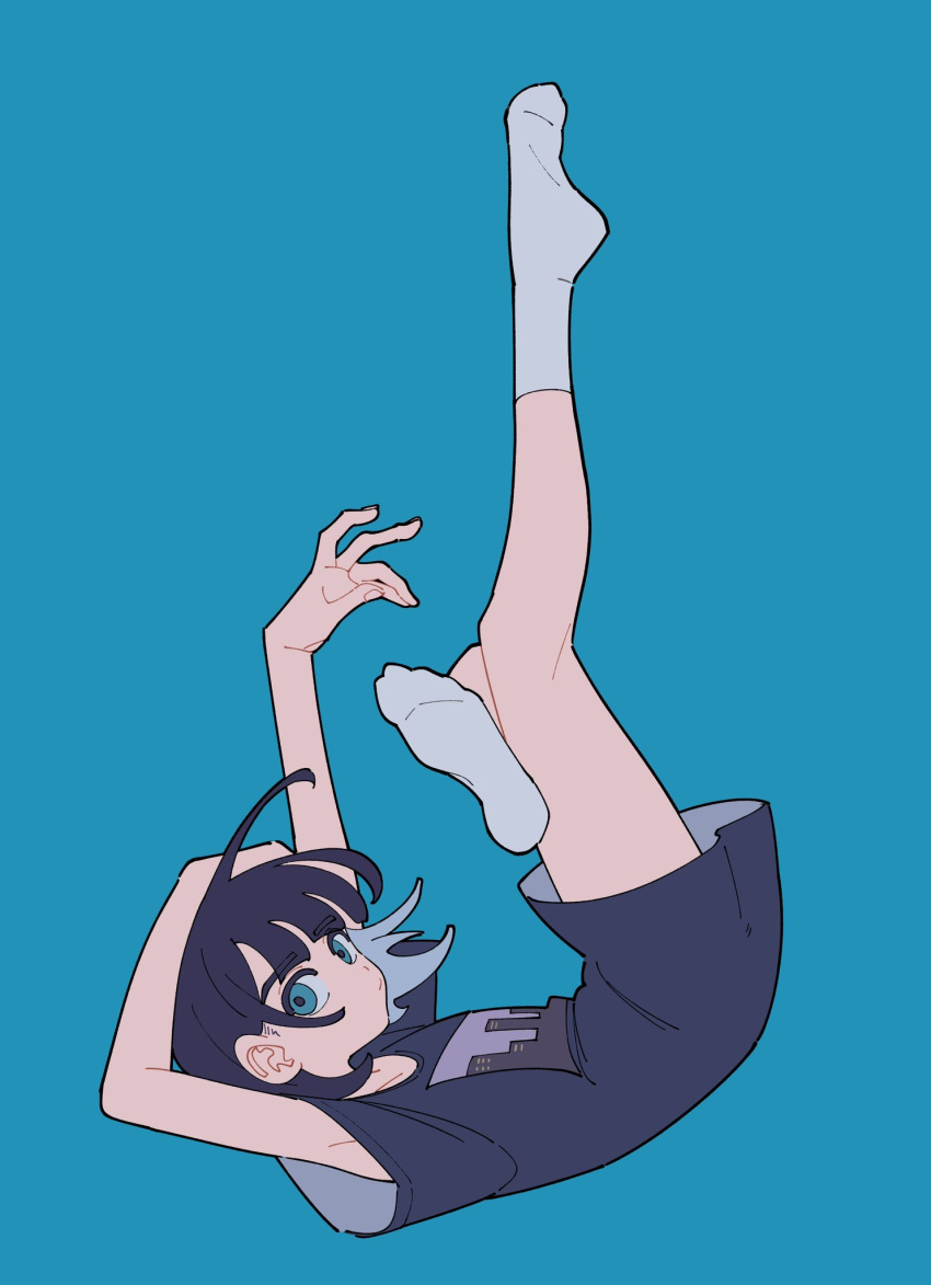 armpit_crease arms_up blue_background blue_hair bottomless crossed_legs dark_blue_hair expressionless falling highres legs_up looking_at_viewer original oversized_clothes socks soles start_furuike white_socks
