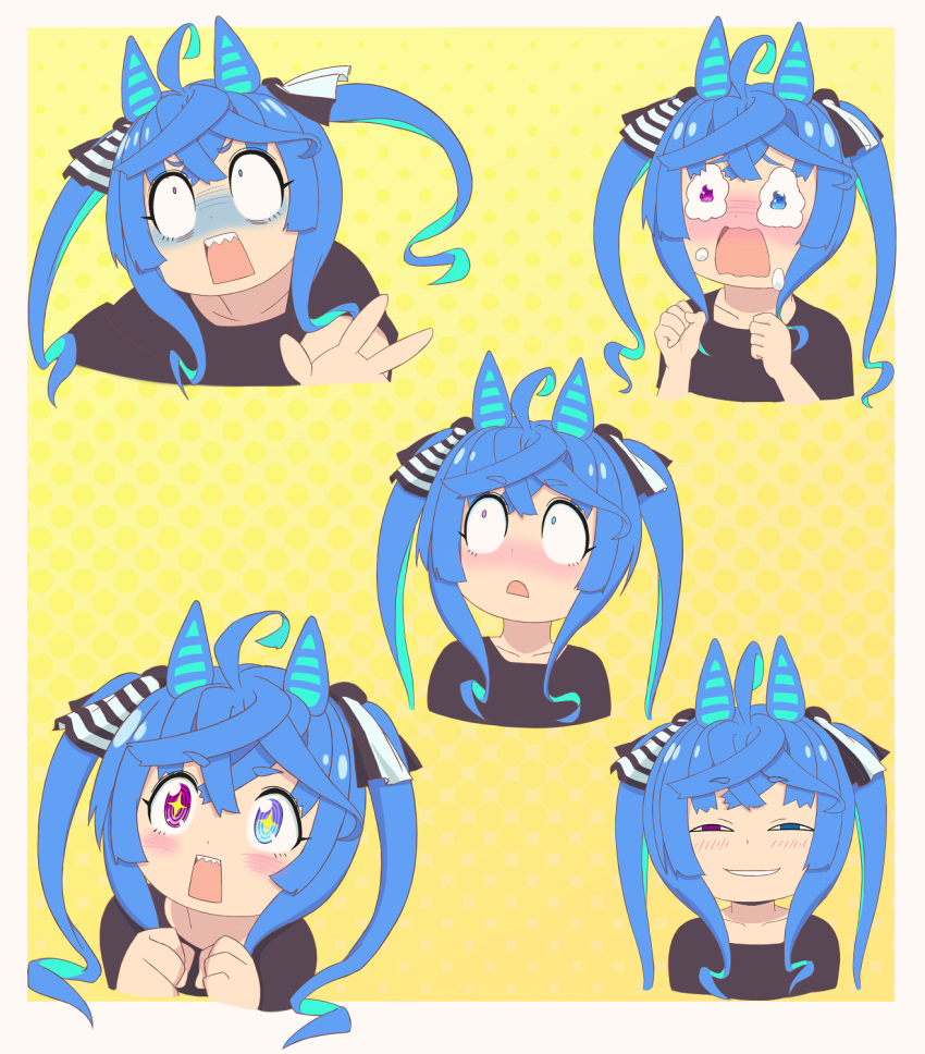 +_+ 1girl ahoge alternate_hair_length alternate_hairstyle anya's_heh_face_(meme) aqua_hair black_ribbon black_shirt blue_eyes blue_hair clenched_hand commentary constricted_pupils cropped_torso crossed_bangs expressions frown gloom_(expression) hair_ribbon heterochromia highres horse_girl looking_at_viewer medium_hair meme monmonmur multicolored_hair open_mouth parody ribbon shirt sidelocks smile smirk spy_x_family tears twin_turbo_(umamusume) twintails two-tone_hair umamusume violet_eyes wavy_eyes yellow_background