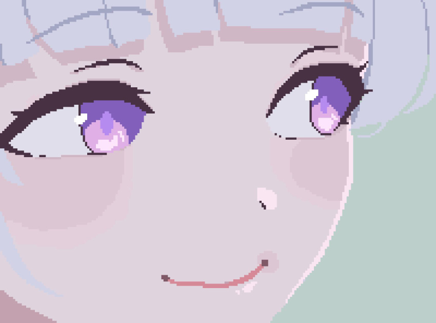 1girl blackredhat blue_archive blunt_bangs blush close-up closed_mouth commentary green_background head_only highres looking_to_the_side manatsu_no_yo_no_inmu medium_bangs meme noa_(blue_archive) pixel_art simple_background smile solo violet_eyes white_hair yajuu_no_gankou_(meme)