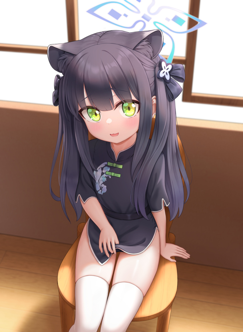 1girl animal_ears black_dress black_hair blue_archive blue_halo blush cementite chair china_dress chinese_clothes dress flat_chest green_eyes halo highres indoors long_hair looking_at_viewer open_mouth short_hair short_sleeves shun_(blue_archive) shun_(small)_(blue_archive) sitting smile solo thigh-highs tiger_ears white_thighhighs