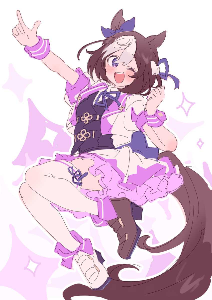 1girl ;d absurdres animal_ears ankle_boots arm_up asymmetrical_footwear black_vest blue_bow blue_ribbon blush boots bow brown_hair brown_tail clenched_hand cropped_jacket fold-over_boots frilled_skirt frills hair_bow hair_ribbon hand_up high_heel_boots high_heels highres horse_ears horse_girl horse_tail jacket lapels legs_up looking_at_viewer miniskirt mismatched_footwear multicolored_clothes multicolored_hair multicolored_jacket neck_ribbon one_eye_closed open_mouth paru_rari pink_jacket pink_skirt pink_wrist_cuffs pointing ribbon short_hair sidelocks simple_background sketch skirt smile solo sparkle special_week_(umamusume) tail thigh-highs two-tone_hair two-tone_jacket two-tone_skirt umamusume vest violet_eyes white_background white_hair white_jacket white_skirt white_thighhighs wrist_cuffs
