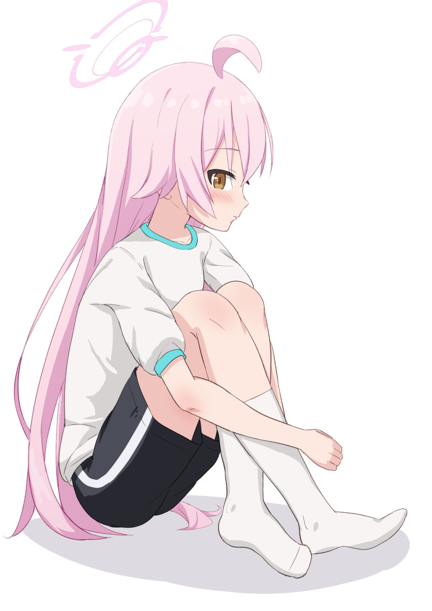 1girl ahoge black_shorts blue_archive blush brown_eyes commentary_request gym_shirt gym_shorts gym_uniform hair_between_eyes halo highres hoshino_(blue_archive) knees_up long_hair no_shoes pink_hair profile puffy_short_sleeves puffy_sleeves shadow shirt short_sleeves shorts simple_background sitting socks solo takasuma_hiro very_long_hair white_background white_shirt white_socks