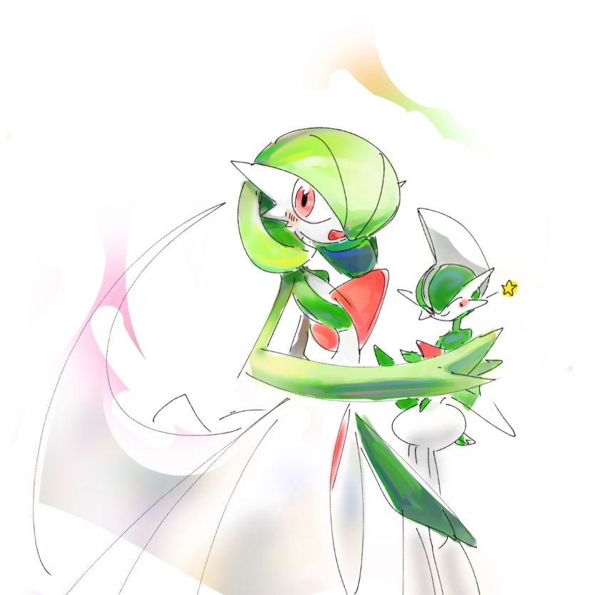 1boy 1girl ame_(metorui) blush bob_cut colored_skin commentary flat_chest gallade gardevoir green_hair green_skin hair_over_one_eye hand_up happy highres looking_to_the_side mohawk multicolored_hair multicolored_skin one_eye_closed one_eye_covered open_mouth pokemon pokemon_(creature) red_eyes short_hair simple_background sketch smile star_(symbol) two-tone_hair two-tone_skin white_background white_hair white_skin