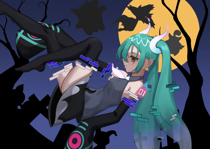 1girl absurdres aqua_hair black_thighhighs detached_sleeves floating from_side gengar ghost ghost_miku_(project_voltage) glitch gradient_hair graveyard grey_shirt hatsune_miku highres kaisenkurage litwick long_hair mimikyu mismagius moon multicolored_hair necktie night pokemon pokemon_(creature) project_voltage pumpkaboo shirt skirt sleeves_past_fingers sleeves_past_wrists thigh-highs tombstone tree twintails very_long_hair vocaloid will-o'-the-wisp_(mythology) yellow_eyes