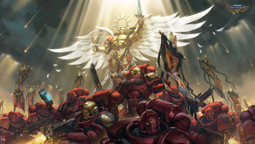 6+boys absurdres armor banner battle_standard blonde_hair blood_angels bolter breastplate chainsword chalice copyright_name cup feathered_wings feathers full_armor gauntlets gem gold gold_armor gold_trim greaves green_eyes halo heavy_bolter highres holding holding_cup holding_sword holding_weapon imperial_aquila jewelry light_rays living_saint meteor meteor_shower multiple_boys ornate ornate_armor pauldrons plasma_pistol power_armor purity_seal red_gemstone sanguinor shoulder_armor sunbeam sunlight sword vambraces war_banner warhammer_40k weapon wings zhanghan