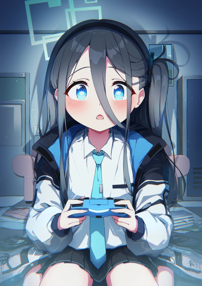 1girl absurdly_long_hair aris_(blue_archive) black_hair black_hairband black_skirt blue_archive blue_eyes blue_necktie blush collared_shirt controller game_controller green_halo hairband halo highres holding holding_controller holding_game_controller indoors jacket long_hair long_sleeves looking_at_viewer minazumi_souka necktie one_side_up open_clothes open_jacket open_mouth playing_games pleated_skirt ringed_eyes shirt skirt solo twitter_username two-sided_fabric two-sided_jacket very_long_hair white_jacket white_shirt