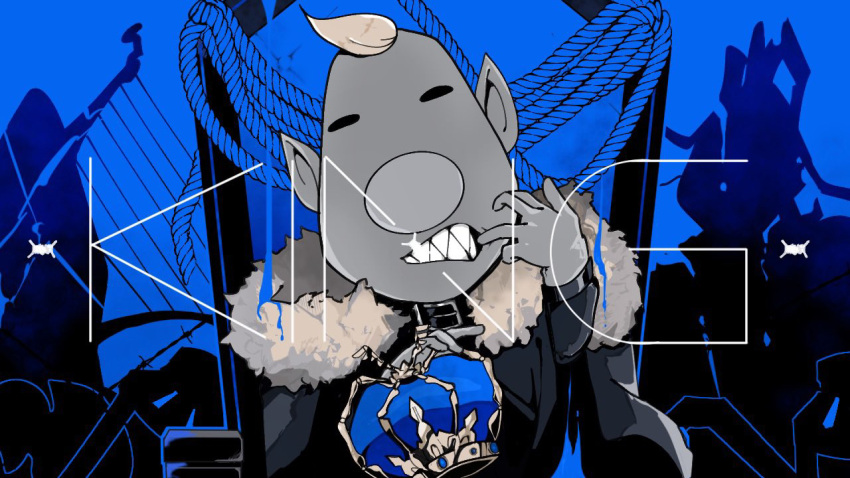 1boy big_nose blue_background blue_theme closed_eyes commentary_request crown fur_collar grin jacket king_(vocaloid) long_sleeves louie_(pikmin) male_focus mohawk pikmin_(series) pointy_ears rope satou_(ultrmngrtsrt) sharp_teeth short_hair smile solo teeth throne upper_body very_short_hair vocaloid