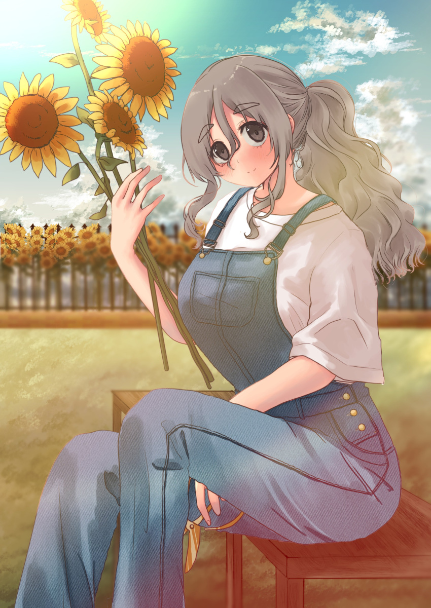 1girl absurdres alternate_hairstyle bench blue_sky brown_eyes clouds day feet_out_of_frame flower grey_hair hair_between_eyes highres kantai_collection mizunototori outdoors overalls pola_(kancolle) ponytail shirt sky solo sunflower thick_eyebrows wavy_hair white_shirt
