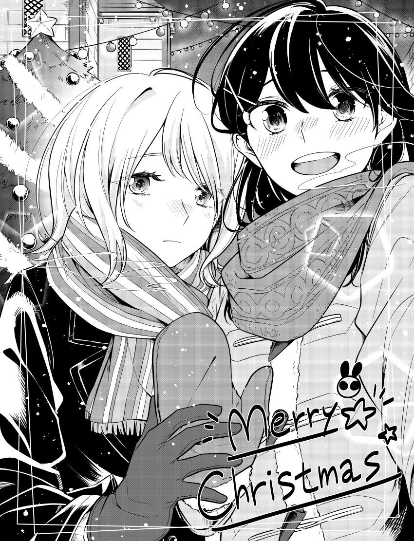 2girls absurdres blush christmas_tree closed_mouth coat commentary_request gloves greyscale hair_between_eyes hair_ornament hairclip highres honda_sora kashikaze lonely_girl_ni_sakaraenai long_hair long_sleeves looking_at_viewer merry_christmas mittens monochrome multiple_girls open_mouth sakurai_ayaka_(lonely_girl_ni_sakaraenai) scarf short_hair smile snow underwear winter_clothes winter_coat yuri