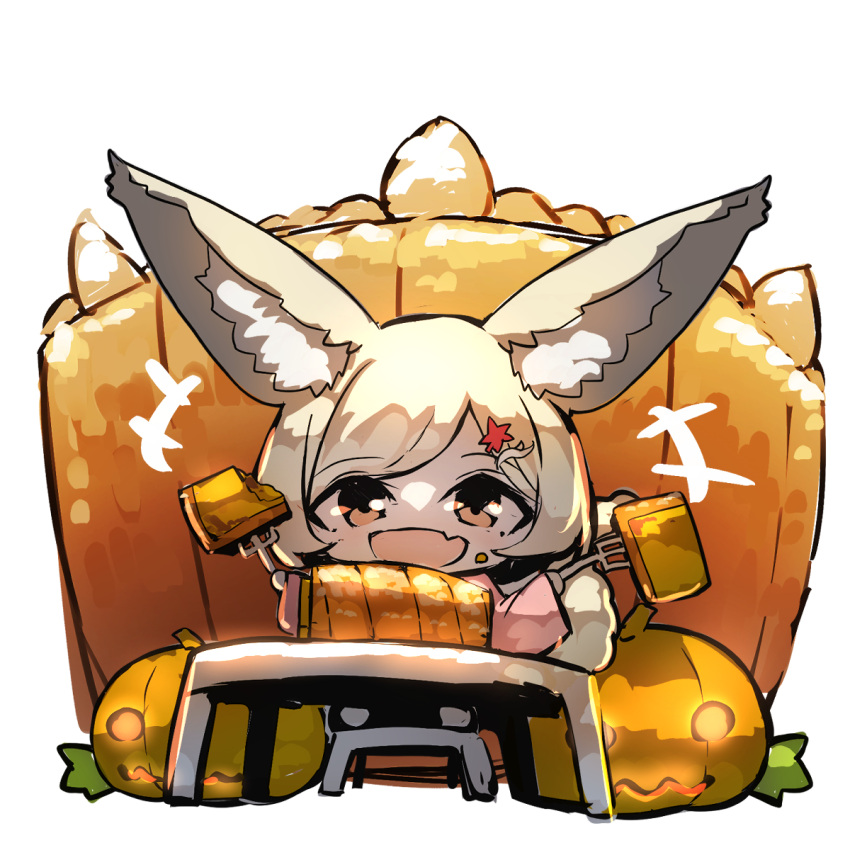 +++ 1girl :d animal_ear_fluff animal_ears blonde_hair brown_eyes cake chibi commentary_request fang food food_on_face fork fox_ears fox_girl fox_tail grey_hair hair_ornament highres holding holding_fork jack-o'-lantern leaf_hair_ornament long_sleeves original pink_shirt shirt simple_background smile solo standing stool swept_bangs table tail white_background yuuji_(yukimimi)