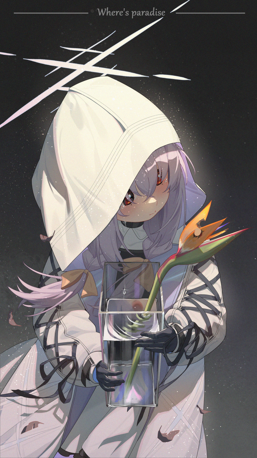 1girl absurdres atsuko_(blue_archive) black_gloves blue_archive closed_mouth coat crossed_bangs crying crying_with_eyes_open flower gloves hair_between_eyes hair_ribbon halo highres holding holding_vase hood hood_up hooded_coat leaf long_hair long_sleeves orange_flower orange_ribbon purple_hair red_eyes ribbon simple_background solo teardrop tears vase water white_coat zidu_(9478296)