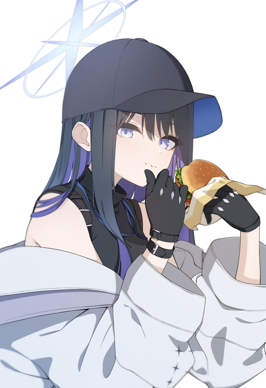 1girl bare_shoulders baseball_cap black_gloves black_hair blue_archive blue_eyes blue_hair burger colored_inner_hair commentary eating food food_on_face gloves halo hat highres holding holding_food jacket long_hair multicolored_hair off_shoulder saori_(blue_archive) shiwa_(siwaa0419) solo symbol-only_commentary white_jacket
