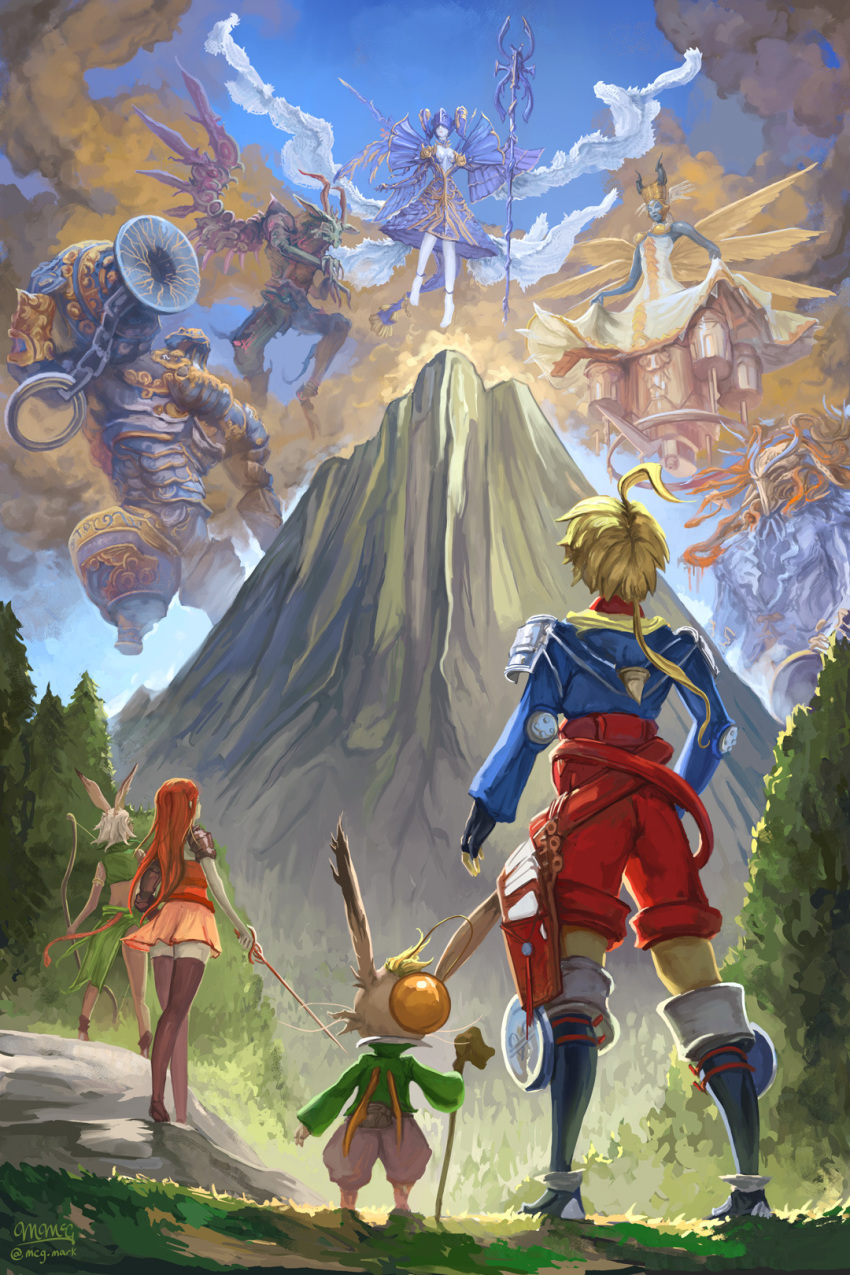 2boys 2girls adramelech_(fft) blonde_hair boots bow_(weapon) brown_hair brown_pants card clouds english_commentary exodus_(ffta) famfrit final_fantasy final_fantasy_tactics final_fantasy_tactics_advance forest from_behind highres holding holding_weapon marche_radiuju mateus_(ffta) mcgmark miniskirt montblanc moogle mountain multiple_boys multiple_girls nature pants rapier red_pants redhead ritz_malheur shara signature skirt staff sword thigh_boots tree ultima ultima_(ffta) viera weapon