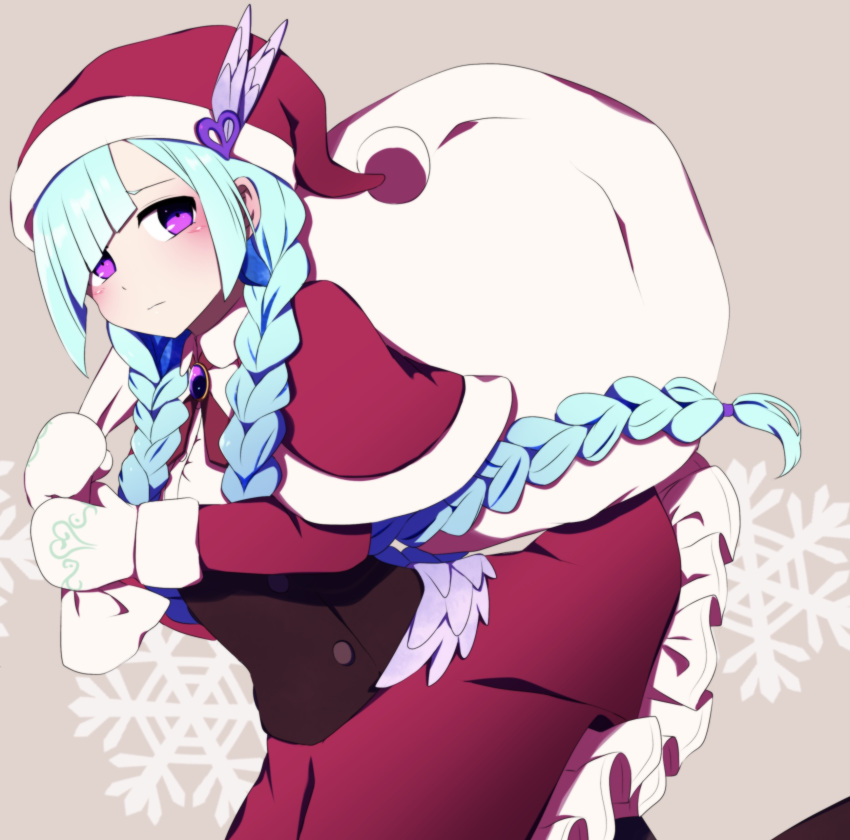 1girl absurdres alternate_hairstyle blue_hair braid brynhildr_(fate) capelet dress fate/grand_order fate_(series) frilled_dress frills fur-trimmed_headwear fur_trim highres looking_at_viewer red_capelet red_dress sack santa_costume snowflakes solo twin_braids violet_eyes you_(noanoamoemoe)