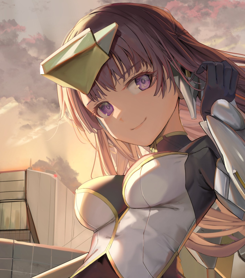 1girl alice_gear_aegis black_gloves brown_hair closed_mouth commentary_request dark_skin fatima_betrorum gloves headpiece highres looking_at_viewer smile solo sunga2usagi sunset violet_eyes