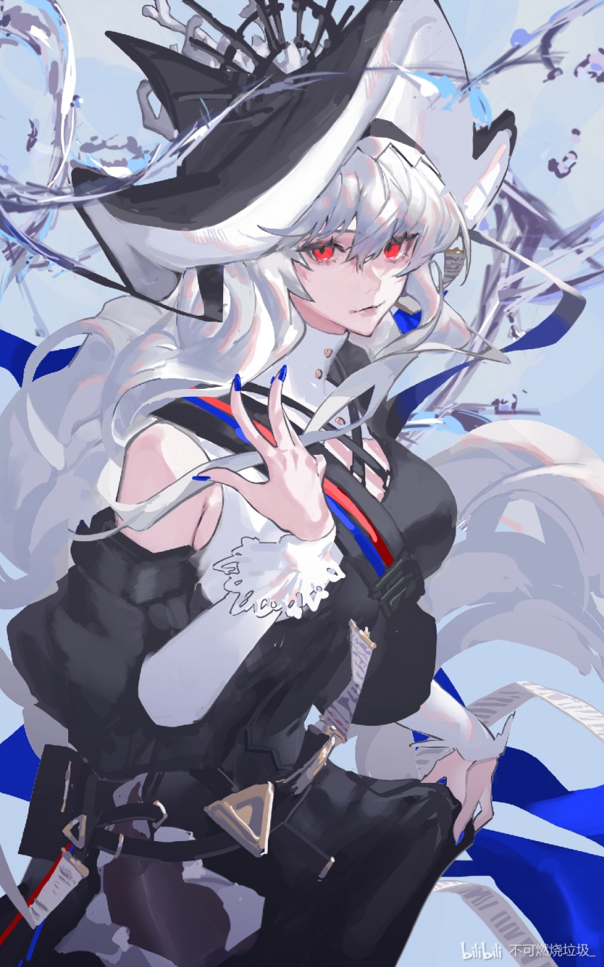 1girl arknights belt bilibili_logo bilibili_username black_dress black_headwear black_pantyhose blue_nails bukeranshao_laji cleavage_cutout clothes_lift clothing_cutout commentary cowboy_shot dress hair_between_eyes hand_up hat hat_ornament highres long_hair looking_at_viewer nail_polish pantyhose red_eyes shoulder_cutout side_slit sidelocks skirt skirt_lift solo specter_(arknights) specter_the_unchained_(arknights) symbol-only_commentary very_long_hair white_hair white_wrist_cuffs wrist_cuffs