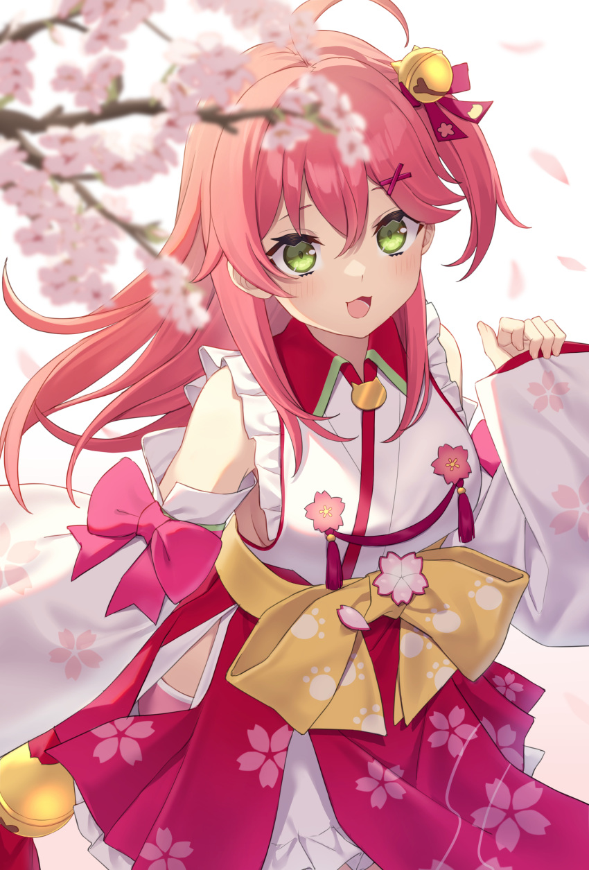 1girl absurdres bell cherry_blossom_print detached_sleeves floral_print green_eyes hair_bell hair_ornament hairclip highres hololive japanese_clothes nontraditional_miko one_side_up pink_hair sakura_miko shikinagi solo virtual_youtuber