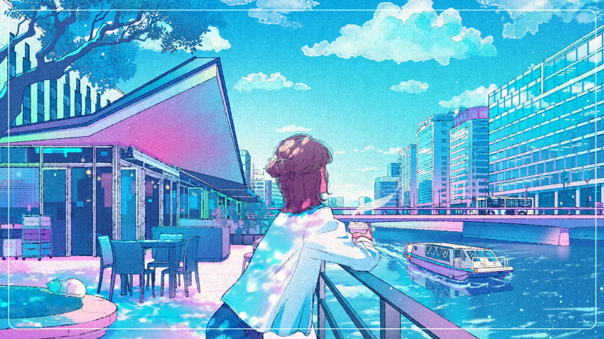 1girl against_railing animal blue_sky boat border bridge brown_hair building bus cafe cat chair city clouds coffee commission cup dappled_sunlight day disposable_cup facing_away fukuoka_(city) hair_bun half_updo hareno_garden highres holding holding_cup long_sleeves medium_hair motor_vehicle original outdoors railing real_world_location river scenery shirt single_hair_bun sky solo standing steam sunlight table tree upper_body wacca005 water watercraft white_cat white_shirt