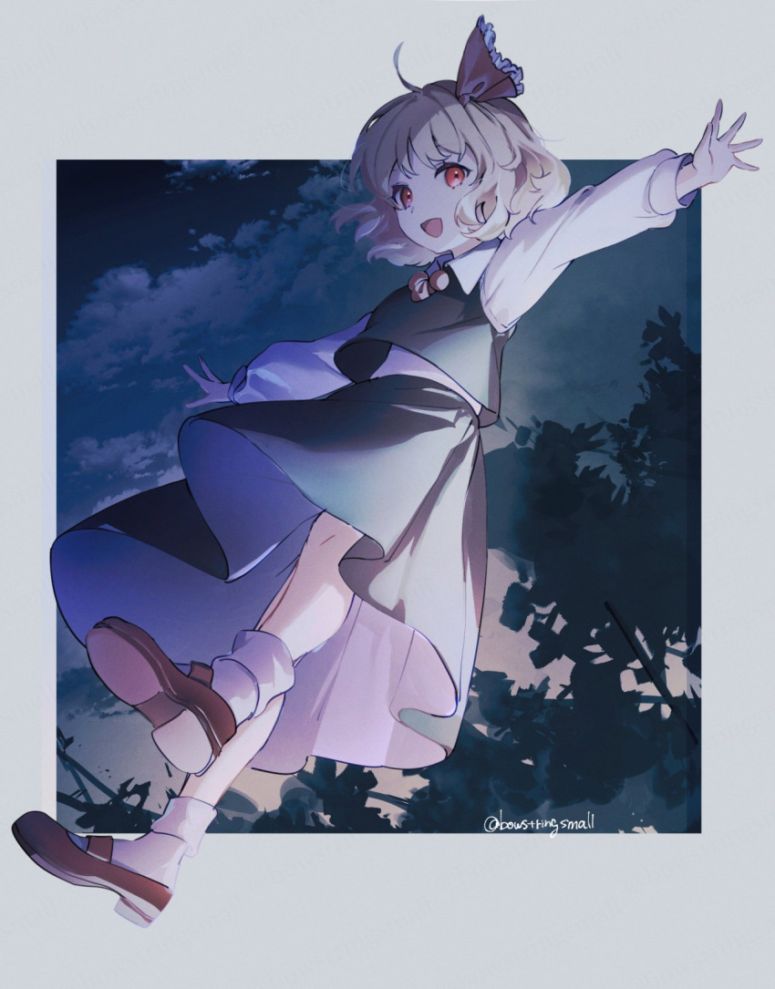 black_skirt black_vest blonde_hair hair_ribbon highres long_sleeves oito_(bowstringsmall) open_mouth outstretched_arms red_eyes red_footwear ribbon rumia skirt socks spread_arms touhou vest white_socks