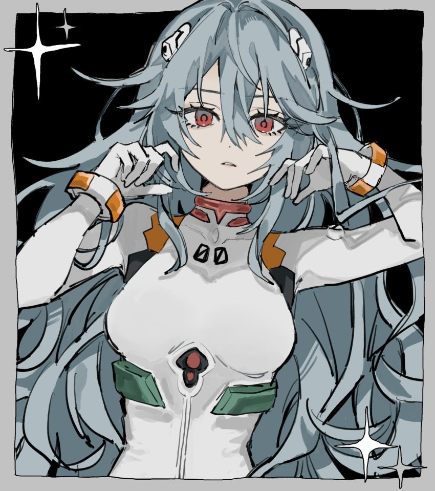 1girl ayanami_rei black_background blue_hair bodysuit border breasts expressionless gloves grey_border highres inu_totemo long_hair looking_at_viewer neon_genesis_evangelion plugsuit rebuild_of_evangelion red_eyes solo sparkle very_long_hair white_bodysuit white_gloves