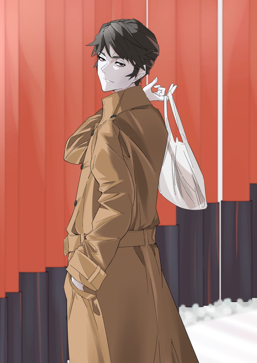 1boy arril100 bag black_hair brown_coat brown_eyes closed_mouth coat commentary_request expressionless from_side hand_in_pocket highres holding holding_bag kaiki_deishuu long_sleeves looking_at_viewer male_focus monogatari_(series) multiple_torii outdoors pale_skin plastic_bag short_hair snow solo split_mouth standing torii trench_coat turning_head