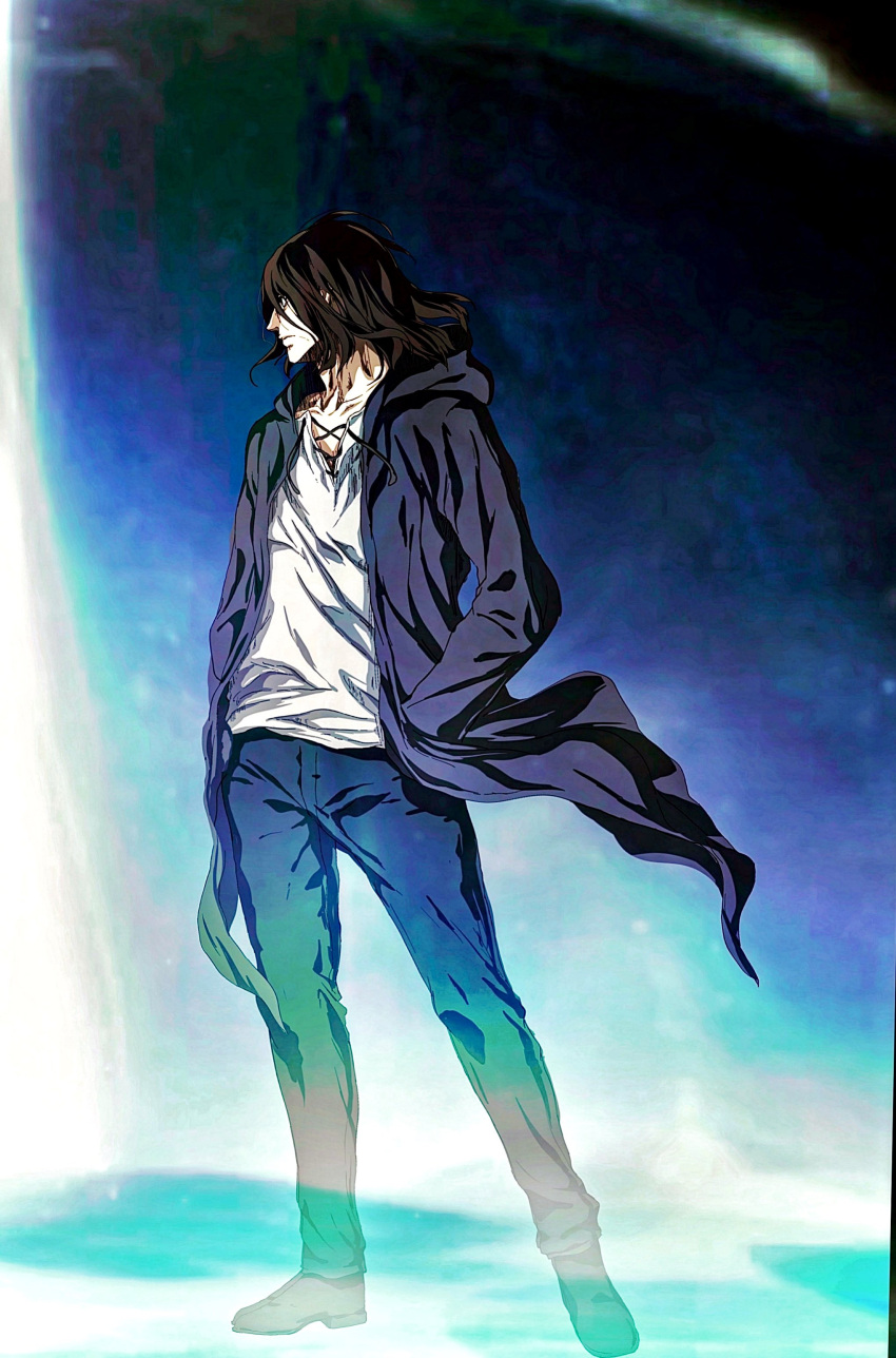 1boy absurdres brown_hair daisx_(dais0115) eren_yeager full_body hand_in_pocket highres hood hooded_jacket jacket looking_to_the_side male_focus open_clothes open_jacket pants paths_(shingeki_no_kyojin) shingeki_no_kyojin solo standing thick_eyebrows