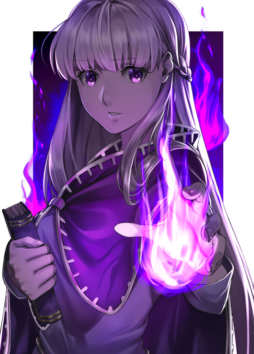 1girl blue_dress book braid cape cloak delsaber dress fire fire_emblem fire_emblem:_the_binding_blade french_braid highres holding holding_book long_hair long_sleeves looking_at_viewer purple_fire purple_hair simple_background solo sophia_(fire_emblem) very_long_hair violet_eyes white_background