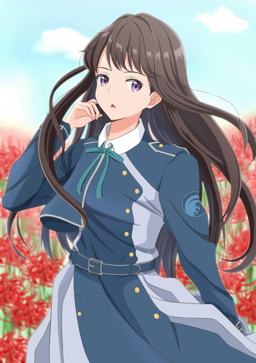 1girl absurdres black_hair blue_dress blue_ribbon blue_sky clouds cloudy_sky collared_dress commentary cowboy_shot day dress field flower flower_field grey_dress highres inoue_takina long_hair long_sleeves looking_at_viewer lycoris_recoil lycoris_uniform neck_ribbon outdoors pleated_dress red_flower ribbon sky solo spider_lily standing tenma_no_atelier two-tone_dress violet_eyes wind