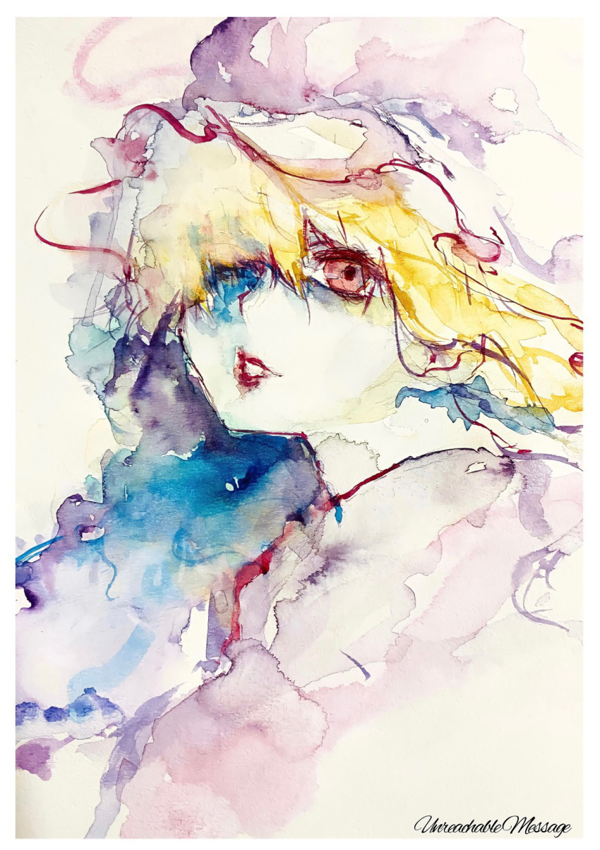 1girl blonde_hair commentary_request dress hair_over_one_eye hat highres long_hair looking_at_viewer maribel_hearn mob_cap painting_(medium) portrait red_eyes red_lips simple_background solo touhou traditional_media upper_body watercolor_(medium) white_background white_dress white_headwear yanyanman