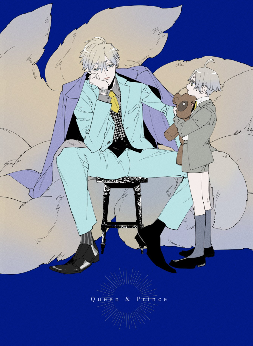 2boys ahoge black_footwear blonde_hair blue_background blue_jacket blue_suit child closed_mouth collared_shirt ear_piercing fox_boy fox_tail full_body fw_kisskiss grey_eyes grey_shirt hand_on_own_cheek hand_on_own_face hand_on_own_knee head_rest highres holding holding_stuffed_toy jacket jacket_on_shoulders kitsune kneehighs kyuubi looking_at_viewer male_focus multiple_boys multiple_tails necktie original piercing shirt shoes short_hair shorts simple_background sitting socks solo stool stuffed_animal stuffed_tanuki stuffed_toy suit tail vest watch yellow_necktie