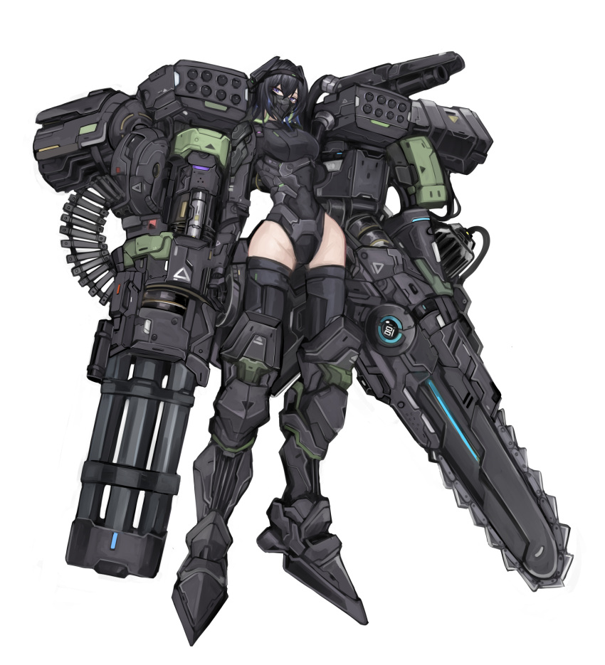 1girl ammunition_belt aokuma_(yuuran_create) armor black_hair breasts cannon chainsaw full_body gatling_gun highres looking_at_viewer mask mecha_musume medium_breasts missile_pod mouth_mask original science_fiction short_hair solo thigh-highs violet_eyes white_background