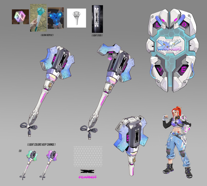 1girl black_footwear black_sleeves blue_pants brigitte_(overwatch) closed_mouth concept_art english_text flail full_body glowstick hand_on_own_hip high_ponytail highres k-pop le_sserafim long_sleeves midriff navel official_alternate_costume official_art orange_hair overwatch overwatch_2 pants shield simple_background smile weapon weapon_focus white_headwear