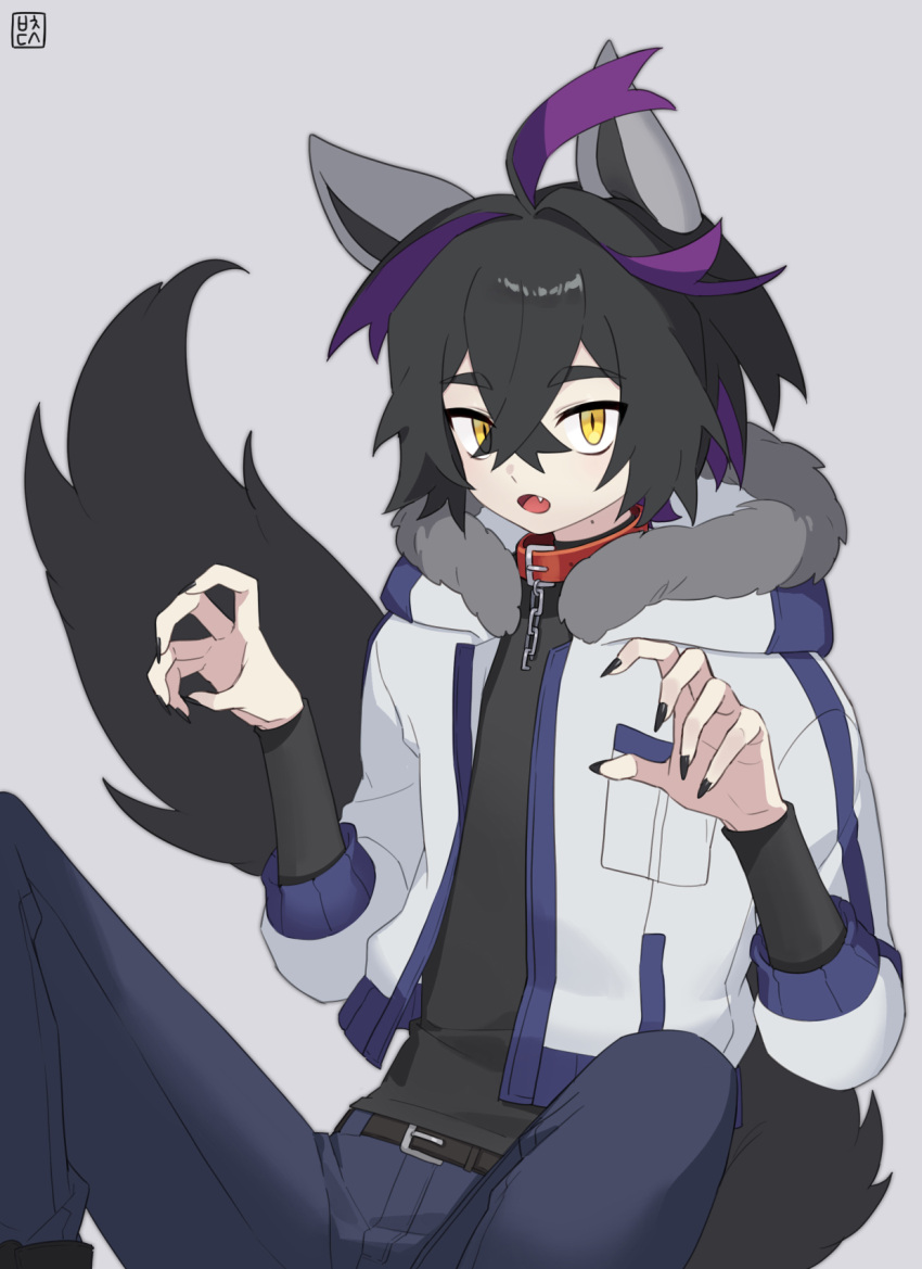 1boy :o alternate_costume animal_ears belt black_hair black_nails claw_pose collar commentary_request fang grey_background hair_between_eyes hands_up highres hood hood_down hooded_jacket jacket kieran_(pokemon) looking_at_viewer male_focus mole mole_on_neck mongguri nail_polish open_clothes open_jacket open_mouth pants pokemon pokemon_(game) pokemon_sv shirt short_hair solo tail tongue yellow_eyes