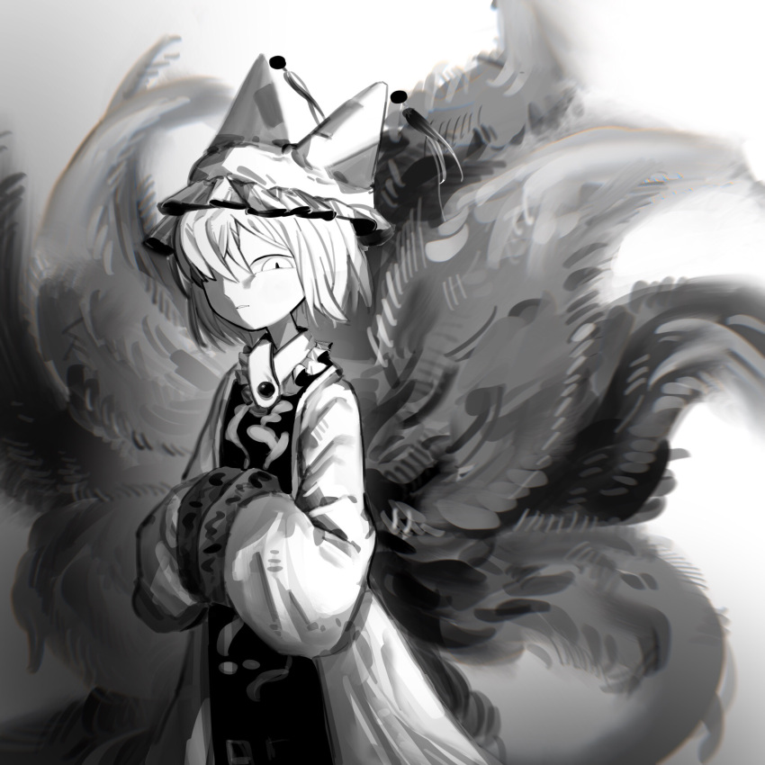 1girl da_kong_moshu_shi dress fox_girl fox_tail frilled_hat frills greyscale hair_over_one_eye hat highres kitsune kyuubi long_sleeves monochrome multiple_tails parted_lips short_hair simple_background solo tabard tail touhou white_background yakumo_ran